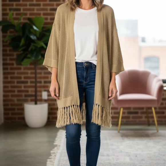 Ralph Lauren Jeans Co. LAL Long Open Fringe Cardigan Women’s XL Crochet Tan - Picture 8 of 8